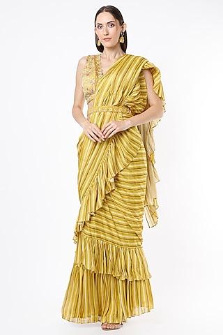 yellow printed ruffled saree set