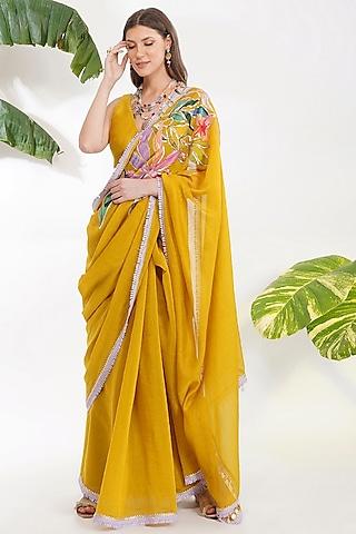 yellow printed saree set