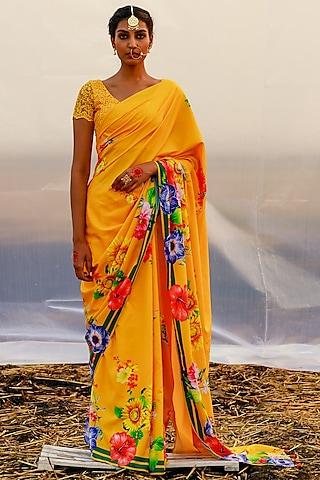 yellow printed saree set