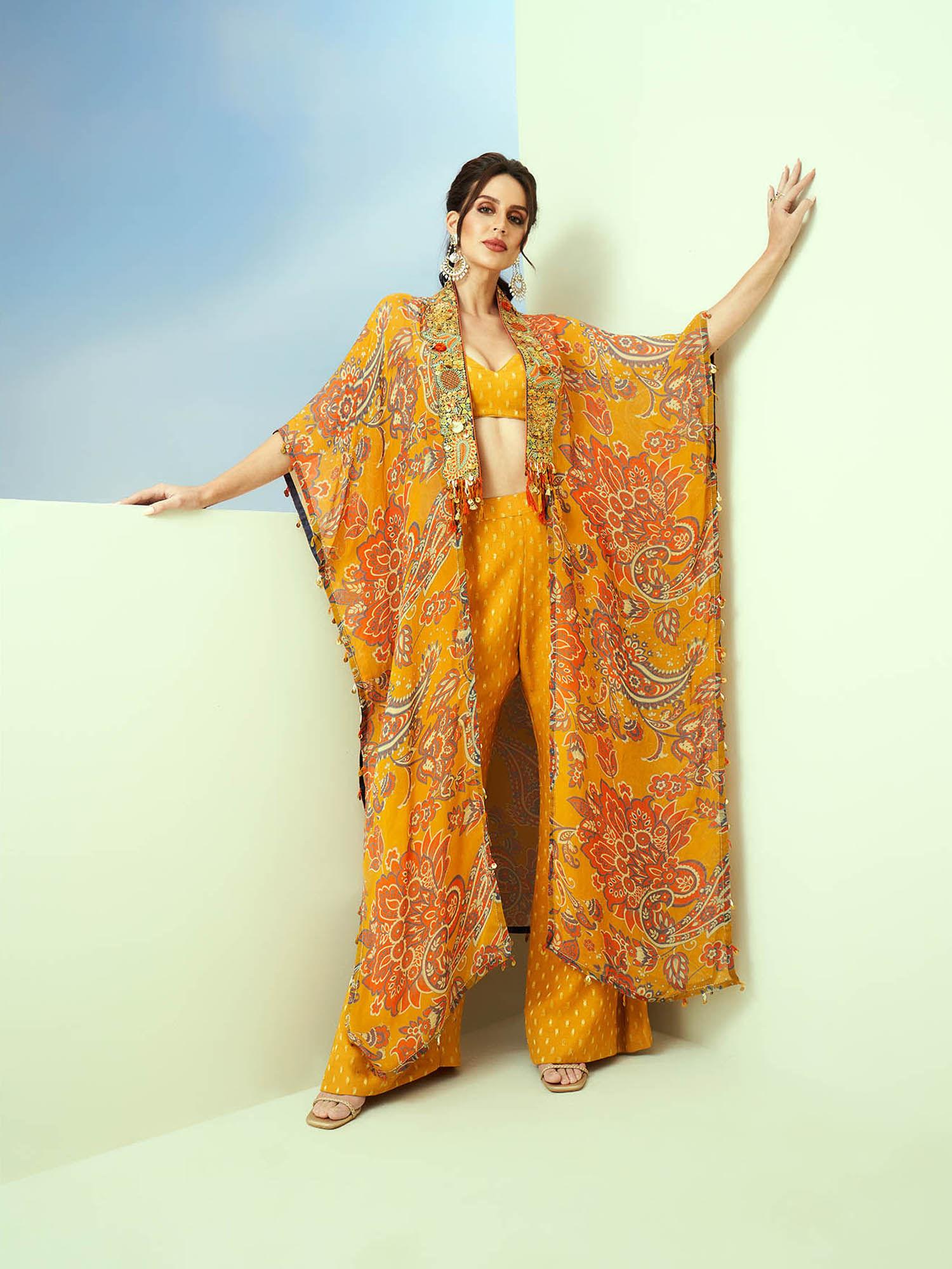 yellow printed sequin longline kaftan, pant, bustier (set of 3)