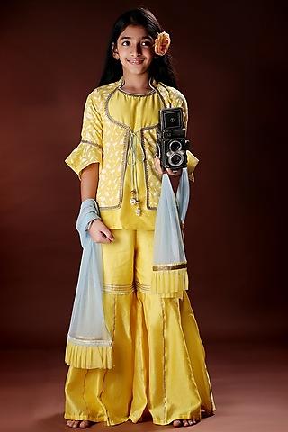 yellow printed sharara set with jacket for girls