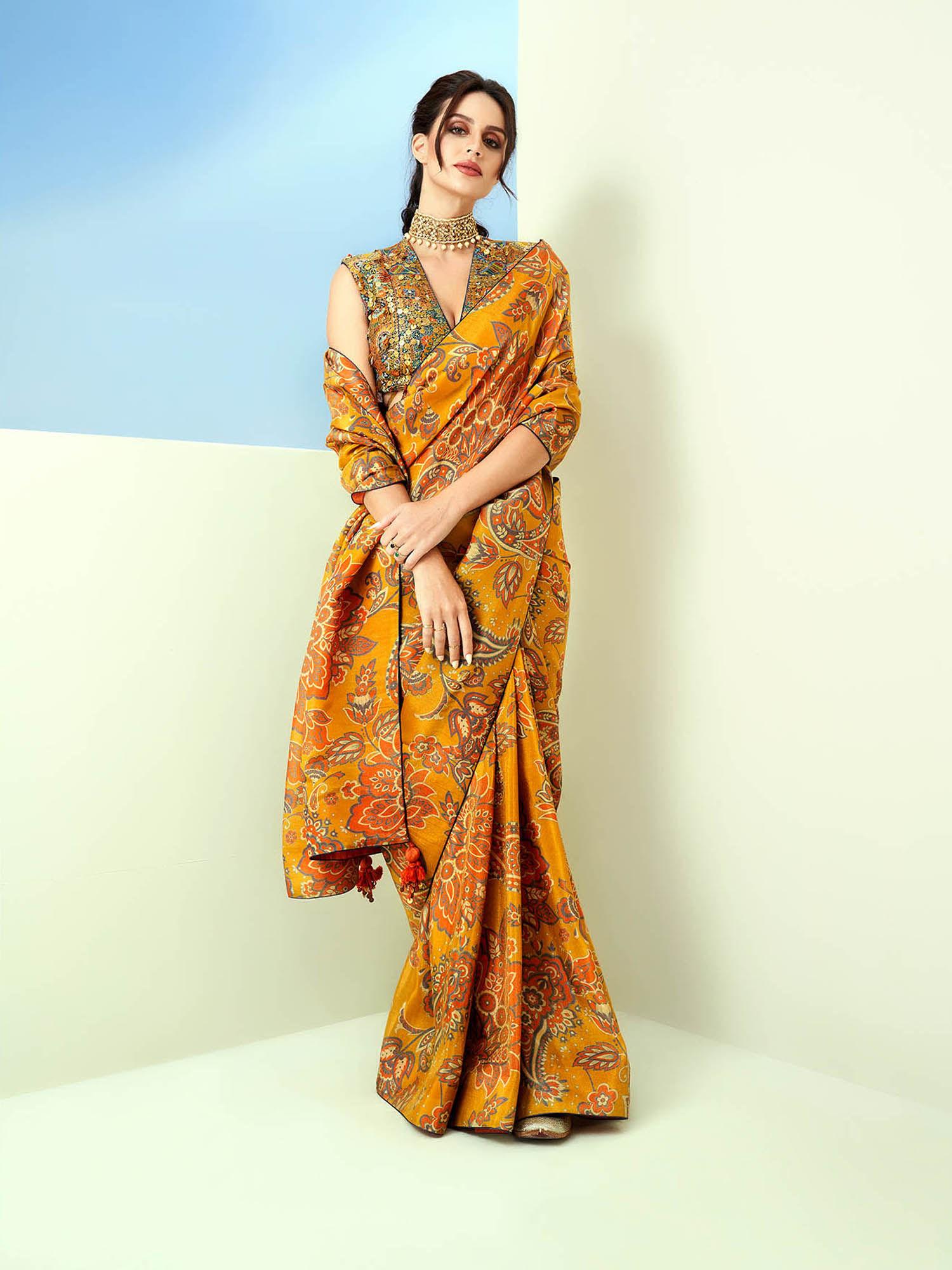 yellow printed tissue saree and v-neck embroidered with stiched blouse