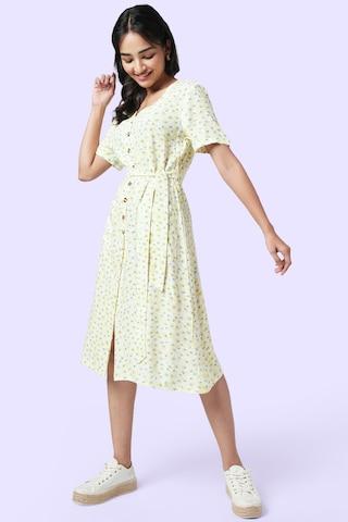 yellow printed v neck casual calf-length half sleeves women flared fit dress