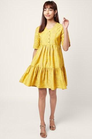 yellow printed v neck ethnic thigh-length elbow sleeves women regular fit dress