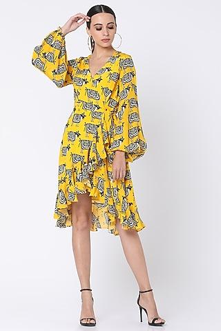 yellow printed wrap dress