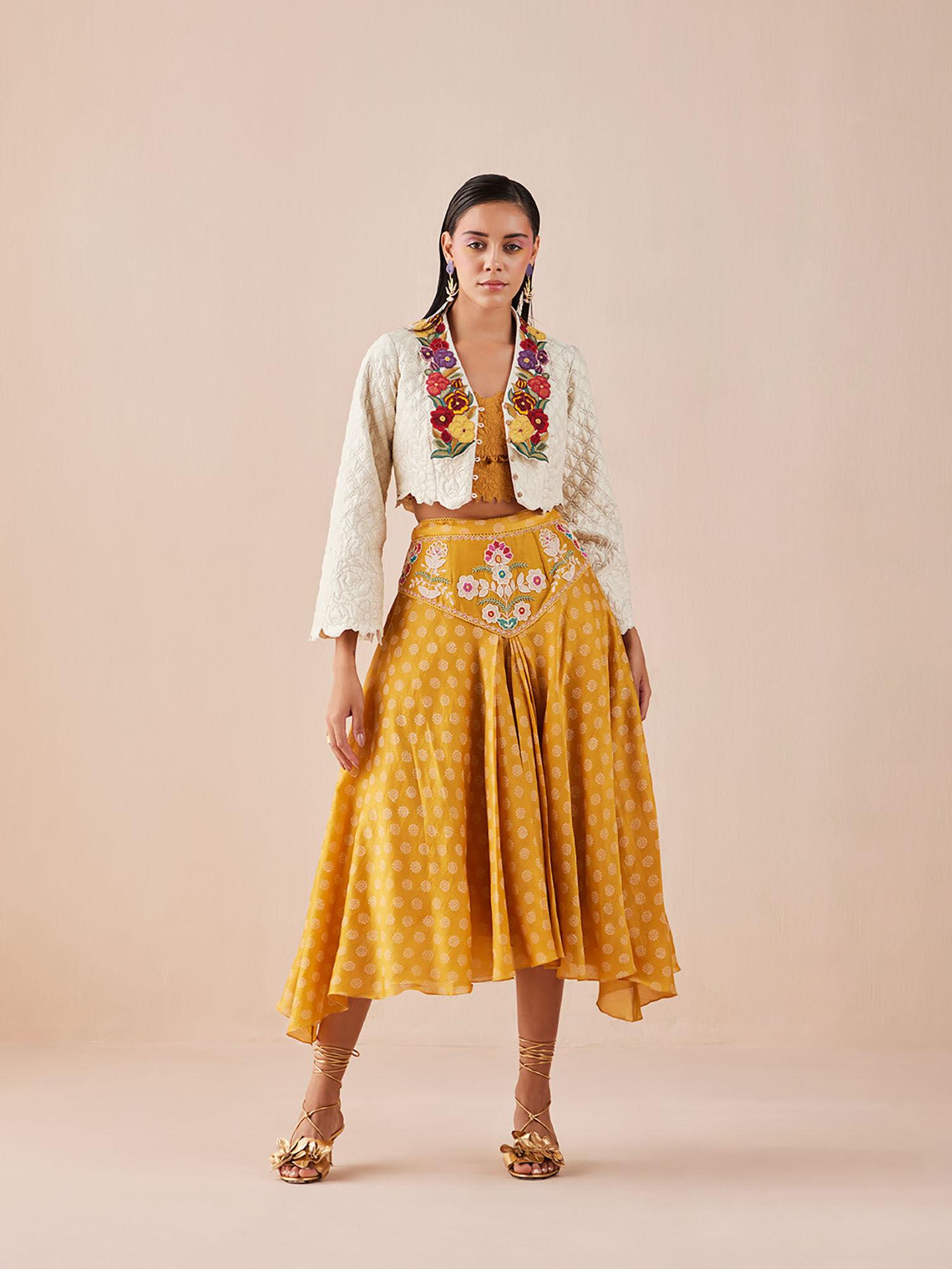 yellow printed yoke detail skirt