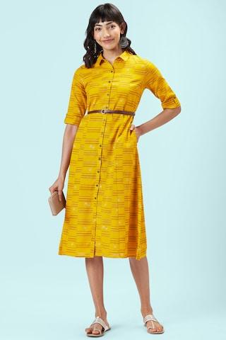 yellow printeded regular collar casual calf-length elbow sleeves women regular fit dress