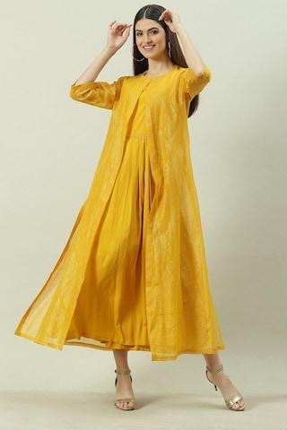 yellow printeded round neck ethnic ankle-length 3/4th sleeves women straight fit dress set