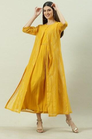 yellow printeded round neck ethnic ankle-length 3/4th sleeves women straight fit dress set