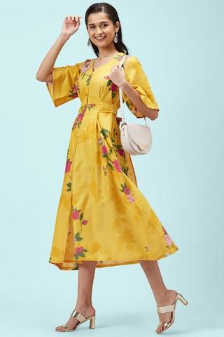 yellow printeded v neck casual calf-length elbow sleeves women regular fit dress