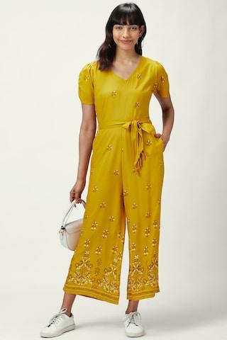 yellow printeded v neck casual full length half sleeves women flared fit jumpsuit