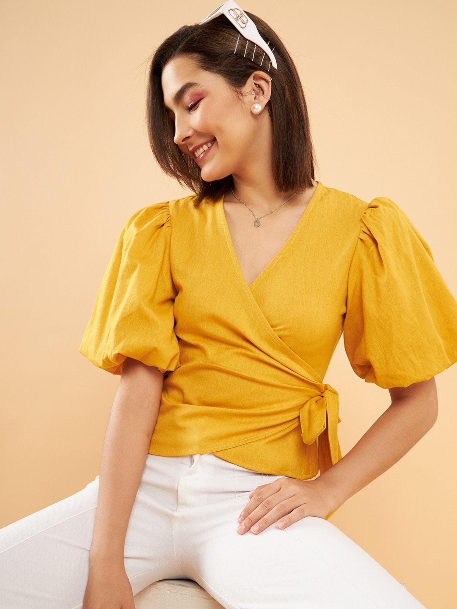 yellow puff sleeves pure cotton wrap top