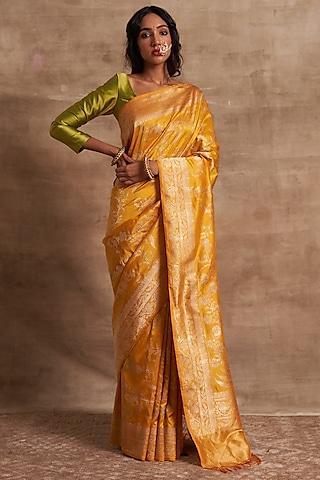 yellow pure banarasi silk zari handwork saree set