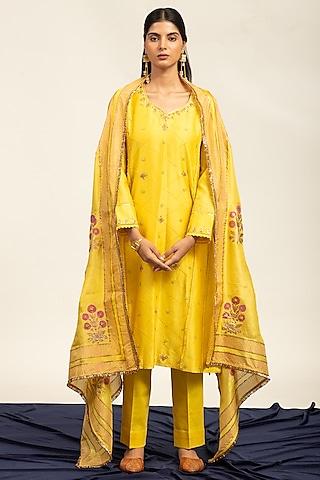 yellow pure chanderi hand embroidered kurta set