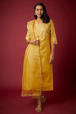 yellow pure chanderi machine embroidered kurta set