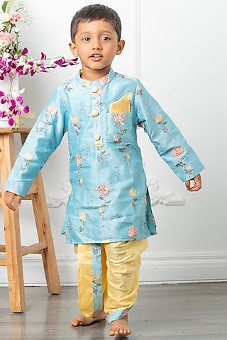yellow pure chanderi thread & floral embroidered kurta set for boys