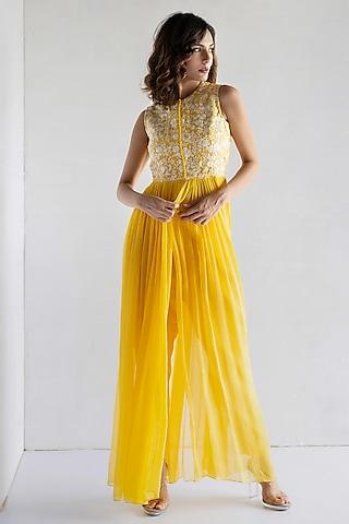 yellow pure chiffon thread embroidered tunic set