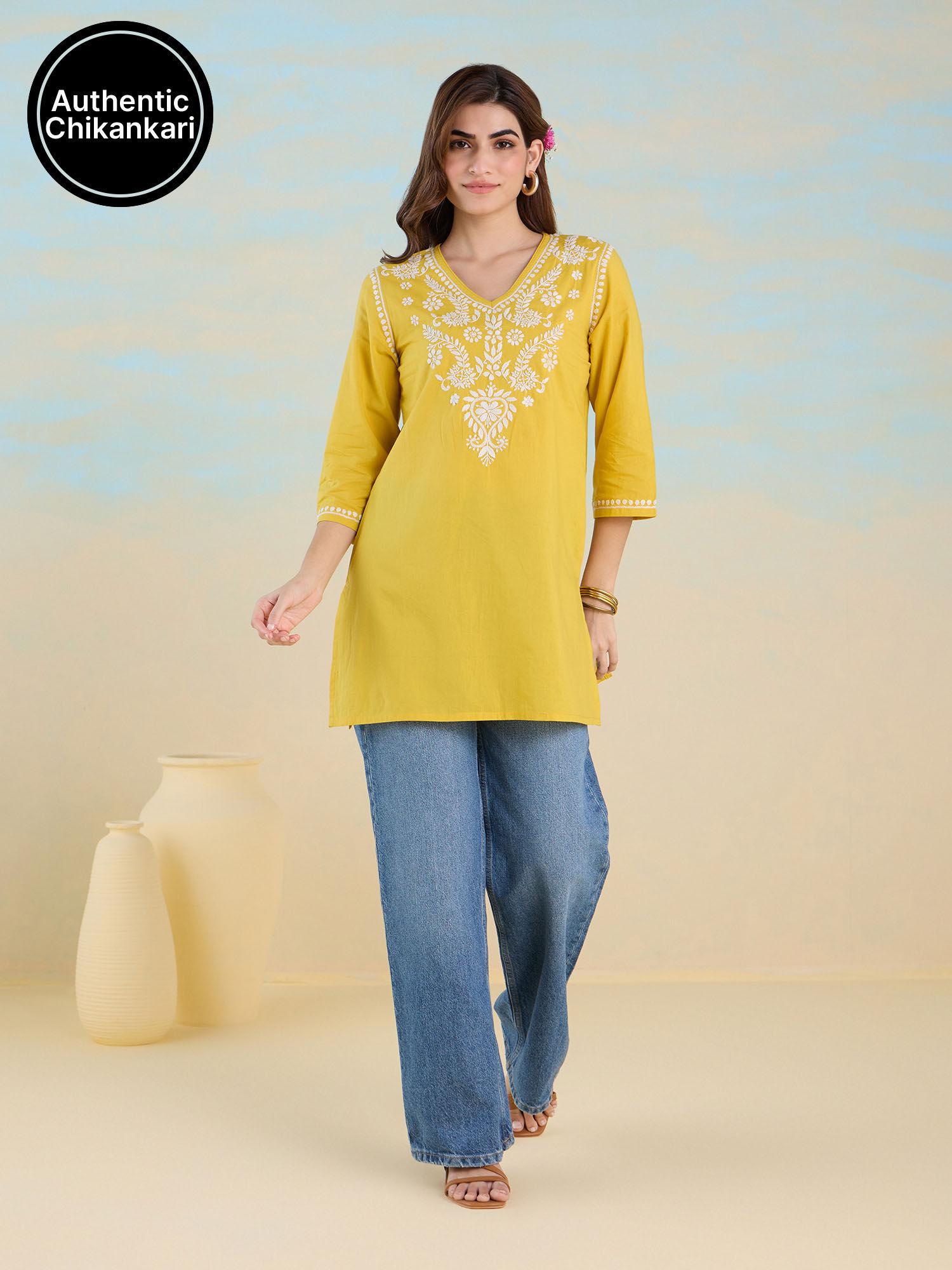 yellow pure cotton authentic chikankari embroidered straight short kurti likcktu01