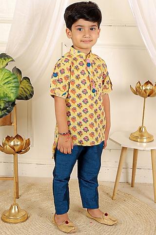 yellow pure cotton floral printed kurta set for boys