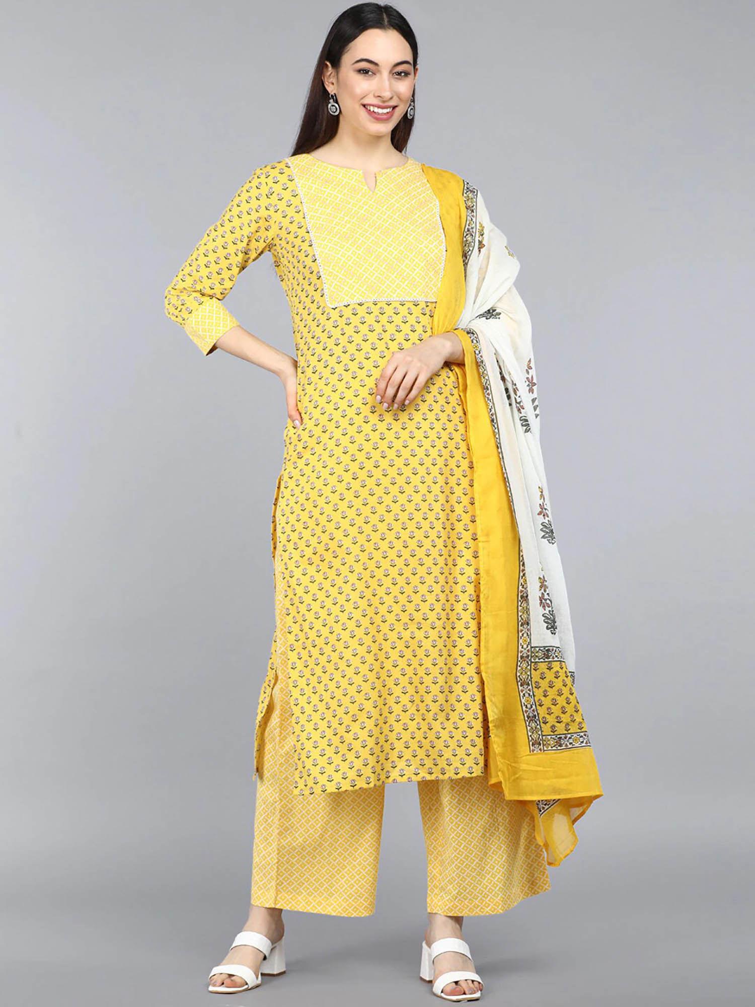 yellow pure cotton quirky printed straight kurta palazzo with dupatta (set of 3)