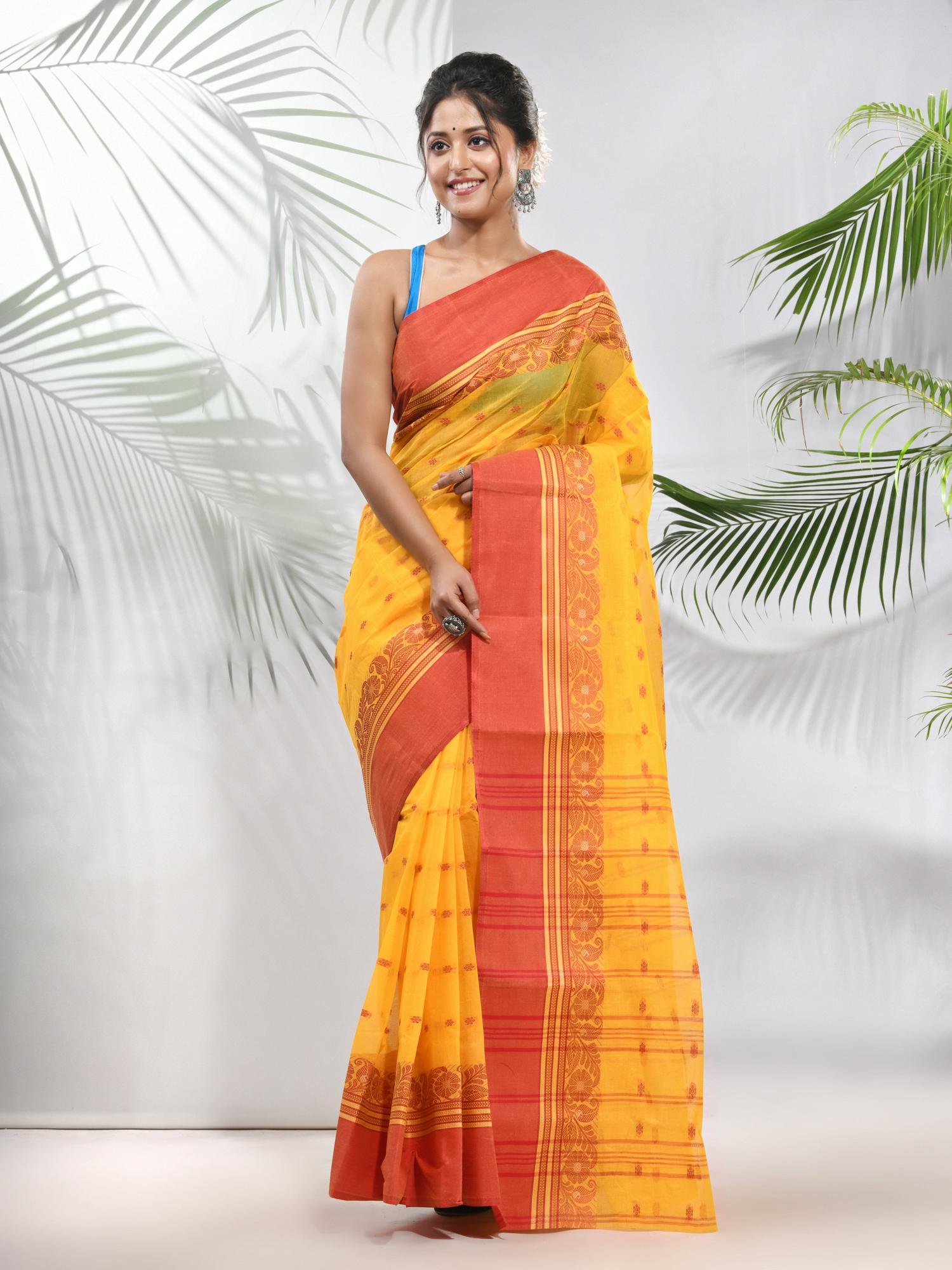 yellow pure cotton tant woven designs saree without blouse