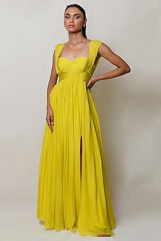 yellow pure flat chiffon pleated gown