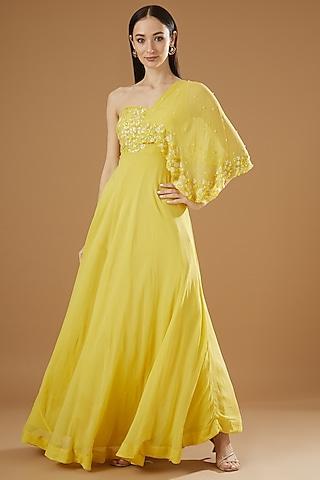 yellow pure georgette embroidered one shoulder dress