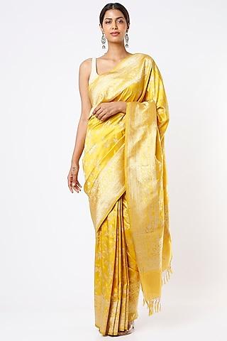 yellow pure handloom banarasi silk zari embroidered saree set