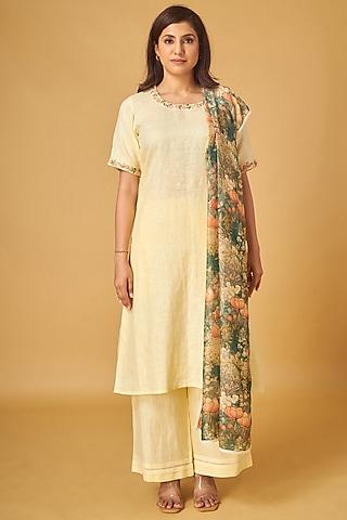 yellow pure linen hand embroidered kurta set