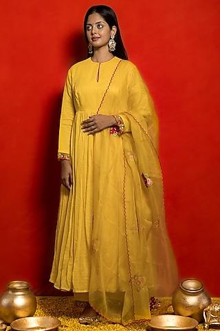 yellow pure malai chanderi resham embroidered anarkali set