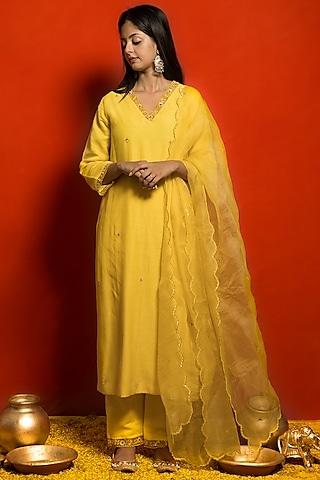yellow pure malai chanderi resham embroidered kurta set