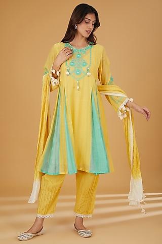 yellow pure mul chanderi embroidered kurta set