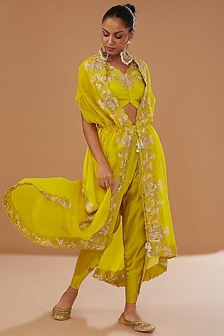 yellow pure organza embroidered cape set