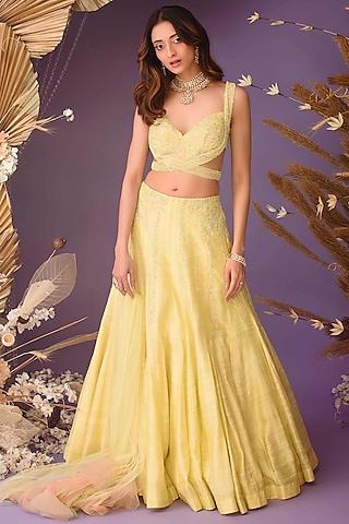 yellow pure raw silk hand embroidered lehenga set