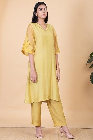 yellow pure silk & silk organza embroidered tunic set