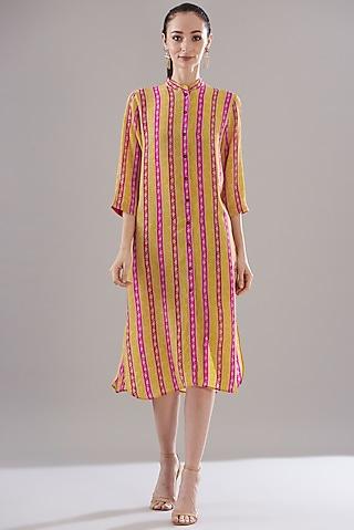 yellow pure silk crepe printed dress