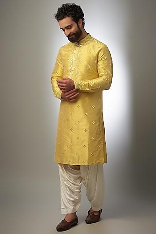 yellow pure silk embroidered kurta set