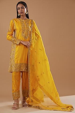 yellow pure silk embroidered kurta set