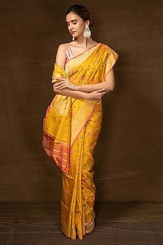 yellow pure silk floral jaal handwoven banarasi saree