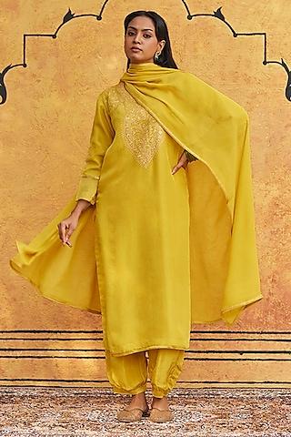 yellow pure silk hand embroidered kurta set