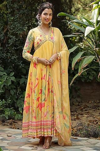 yellow pure silk printed & embroidered anarkali set