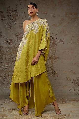 yellow pure silk resham & pearl embroidered one-shoulder kaftan set