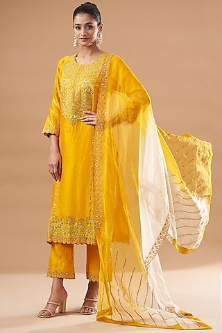 yellow pure spun silk embroidered kurta set