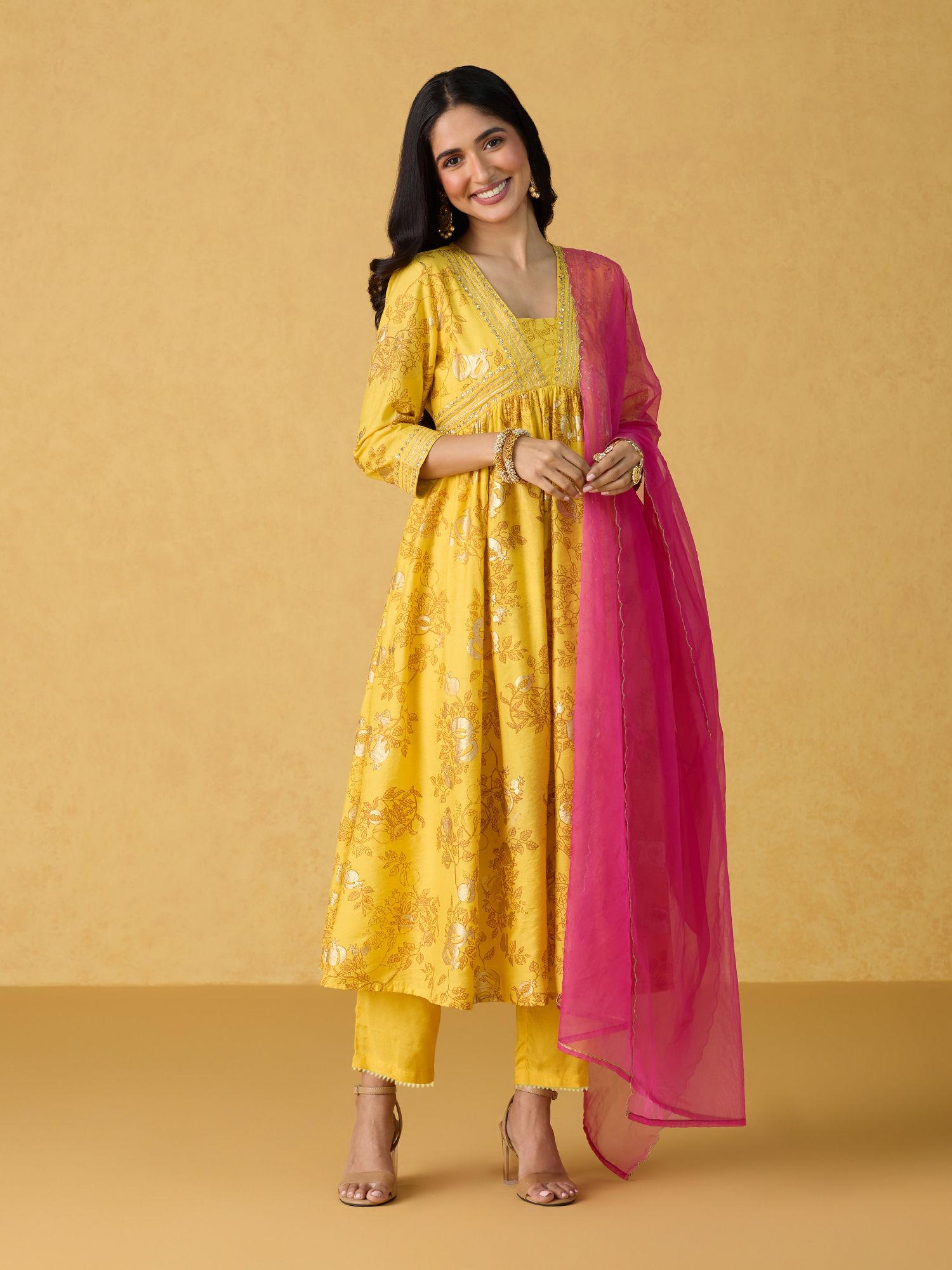 yellow rangbahar printed gota anarkali, pant with dupatta likskd283 (set of 3)