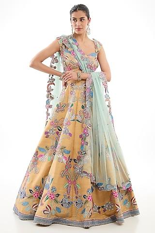 yellow raw silk applique embellished lehenga set