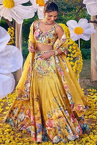 yellow raw silk applique work lehenga set