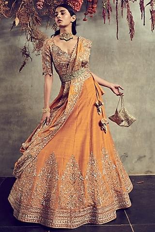 yellow raw silk embroidered lehenga set