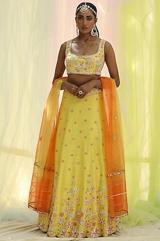 yellow raw silk embroidered lehenga set