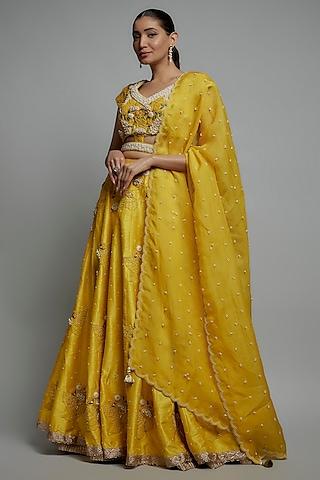 yellow raw silk embroidered lehenga set