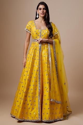 yellow raw silk mirror embroidered anarkali set